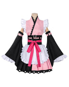 Noi Kimono Pink Maid Outfit with Ruffled Apron and Bell Sleeves for Halloween Cosplay