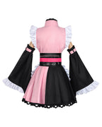 Noi Kimono Pink Maid Outfit with Ruffled Apron and Bell Sleeves for Halloween Cosplay