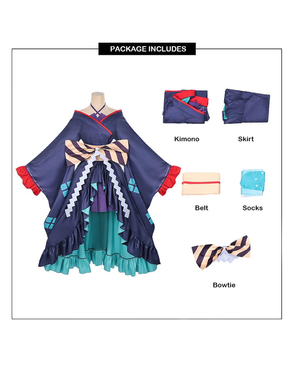 Yachiyo High-Low Kimono Navy Blue Coat with Skirt and Large Striped Bowknot