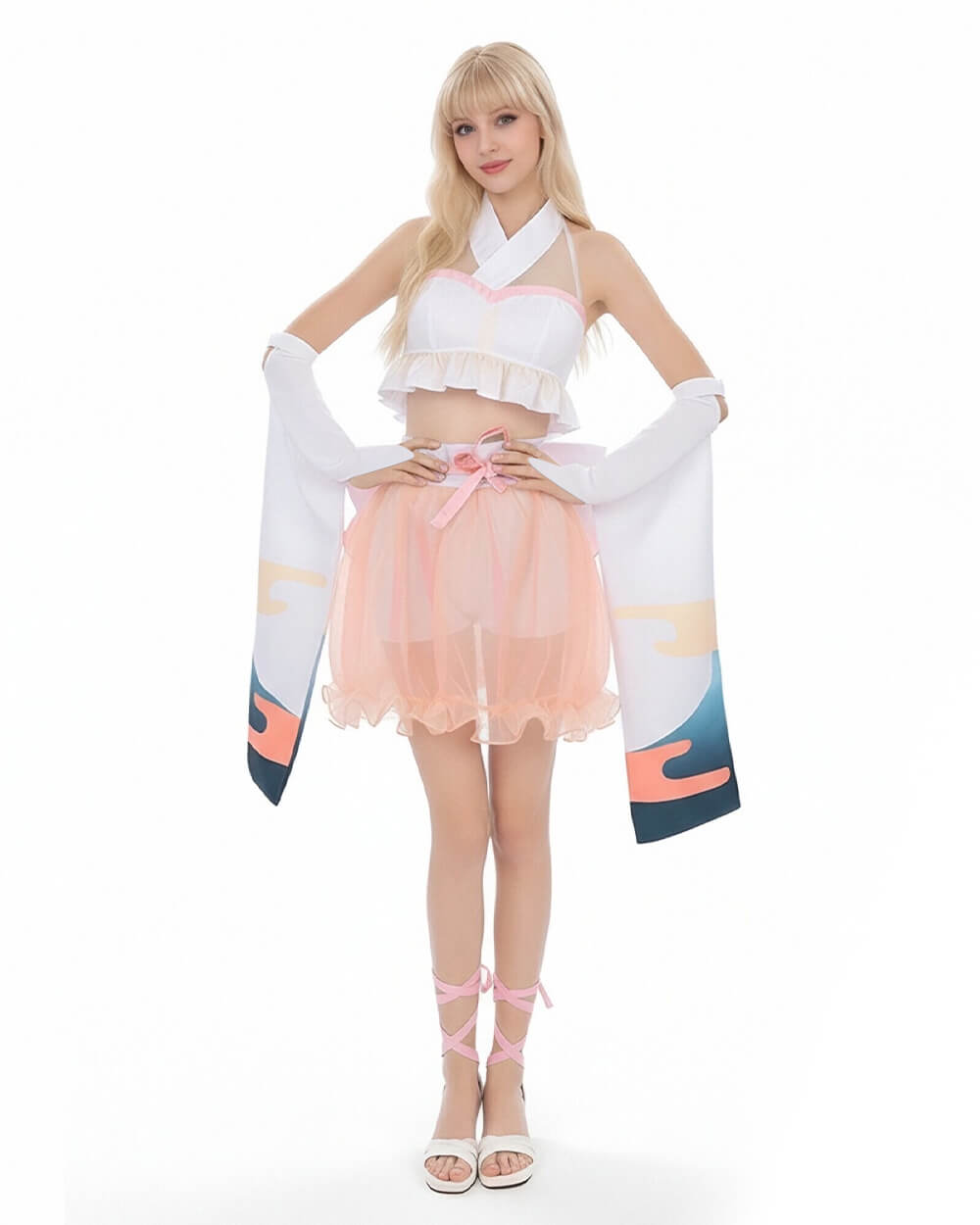 Kaguya Stage Performance Outfit Pink Backless Tops with Skirt and Flowing Detached Sleeves