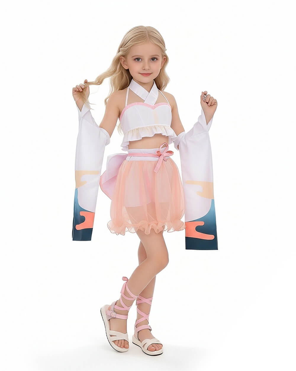 Kaguya Stage Performance Outfit Pink Backless Tops with Skirt and Flowing Detached Sleeves