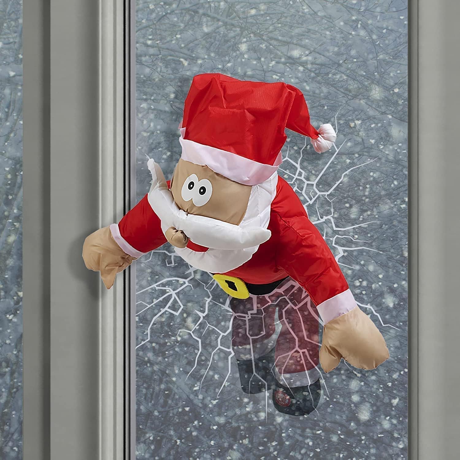 Crashing Santa & Reindeer Set with Sound Kicking Motion Shattered Glass Stickers Animated Funny Christmas Gift Window Display