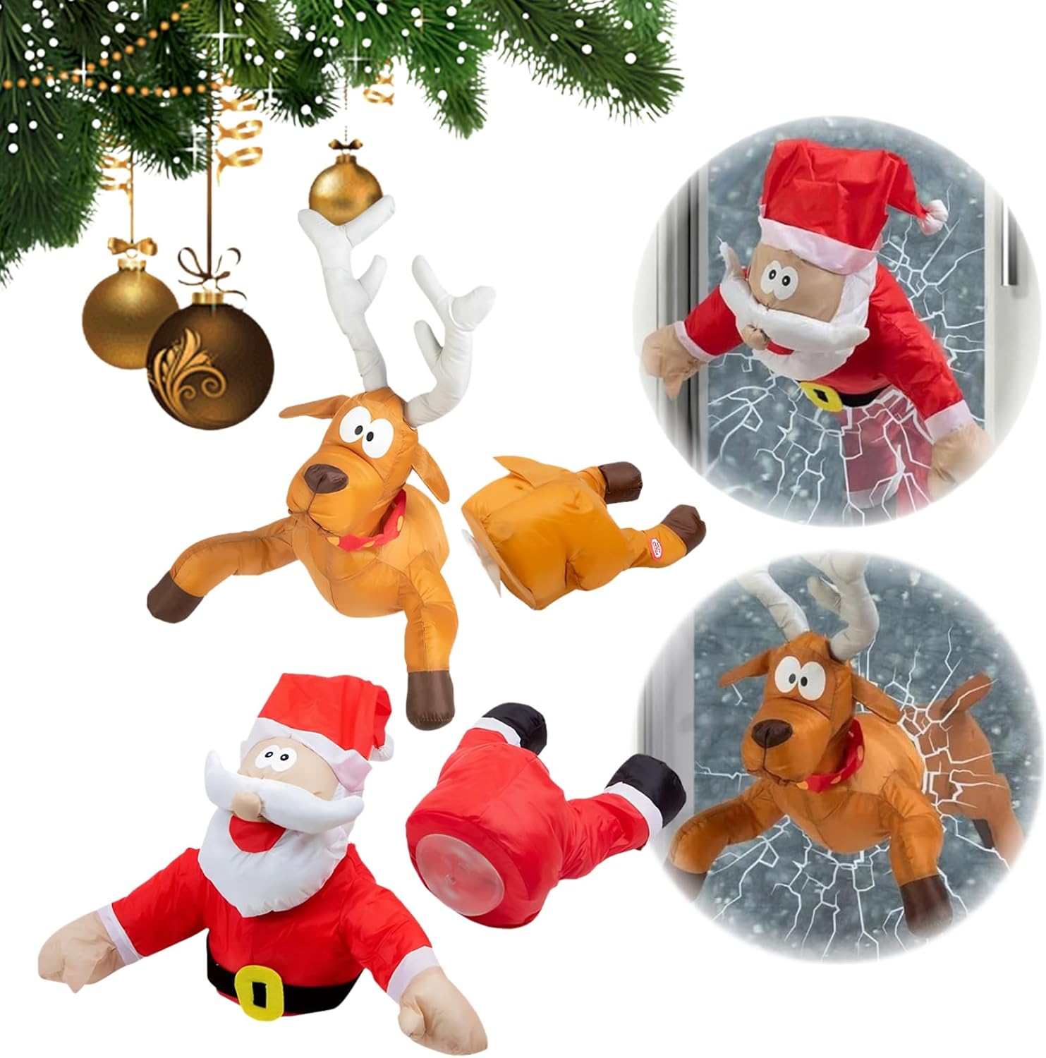 Crashing Santa & Reindeer Set with Sound Kicking Motion Shattered Glass Stickers Animated Funny Christmas Gift Window Display