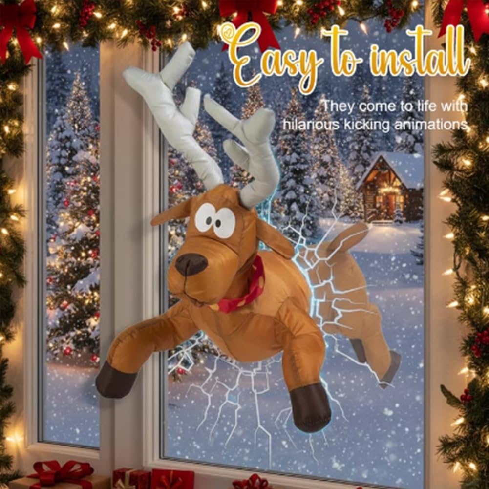 Crashing Santa & Reindeer Set with Sound Kicking Motion Shattered Glass Stickers Animated Funny Christmas Gift Window Display