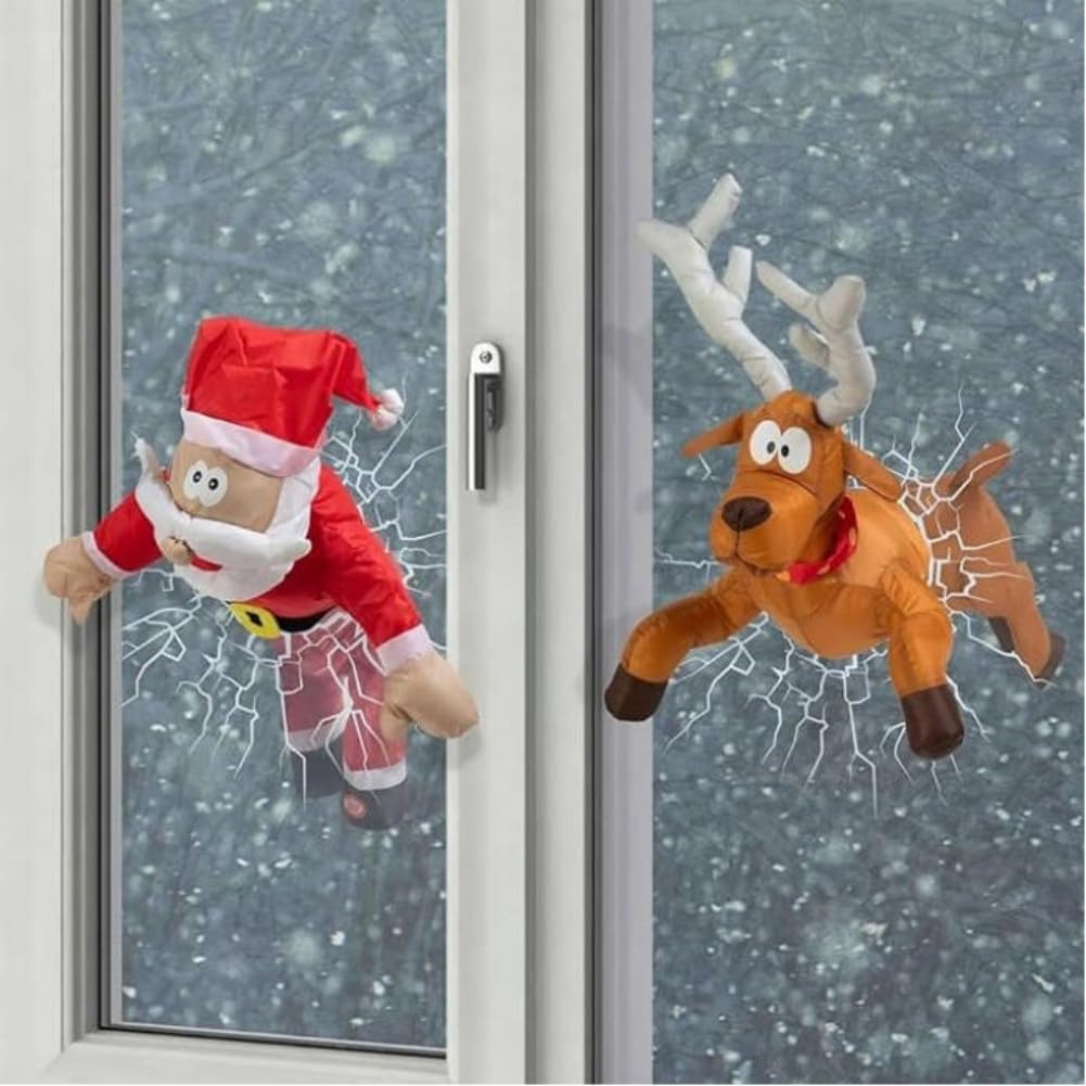 Crashing Santa & Reindeer Set with Sound Kicking Motion Shattered Glass Stickers Animated Funny Christmas Gift Window Display