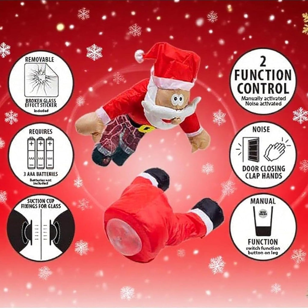 Crashing Santa & Reindeer Set with Sound Kicking Motion Shattered Glass Stickers Animated Funny Christmas Gift Window Display