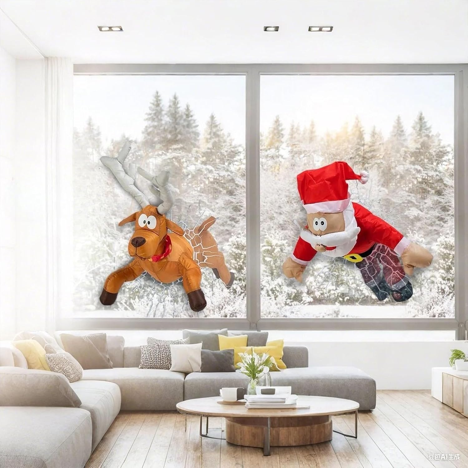 Crashing Santa & Reindeer Set with Sound Kicking Motion Shattered Glass Stickers Animated Funny Christmas Gift Window Display