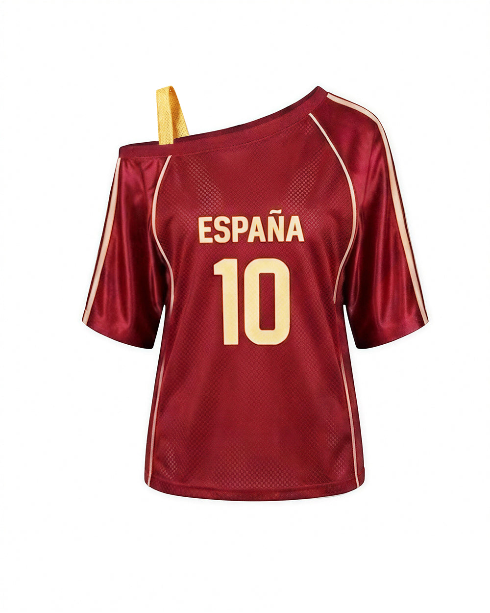 Women Spain Jersey Dark Red Off Shoulder Top for Football Game Day Sports Outfits and Streetwear