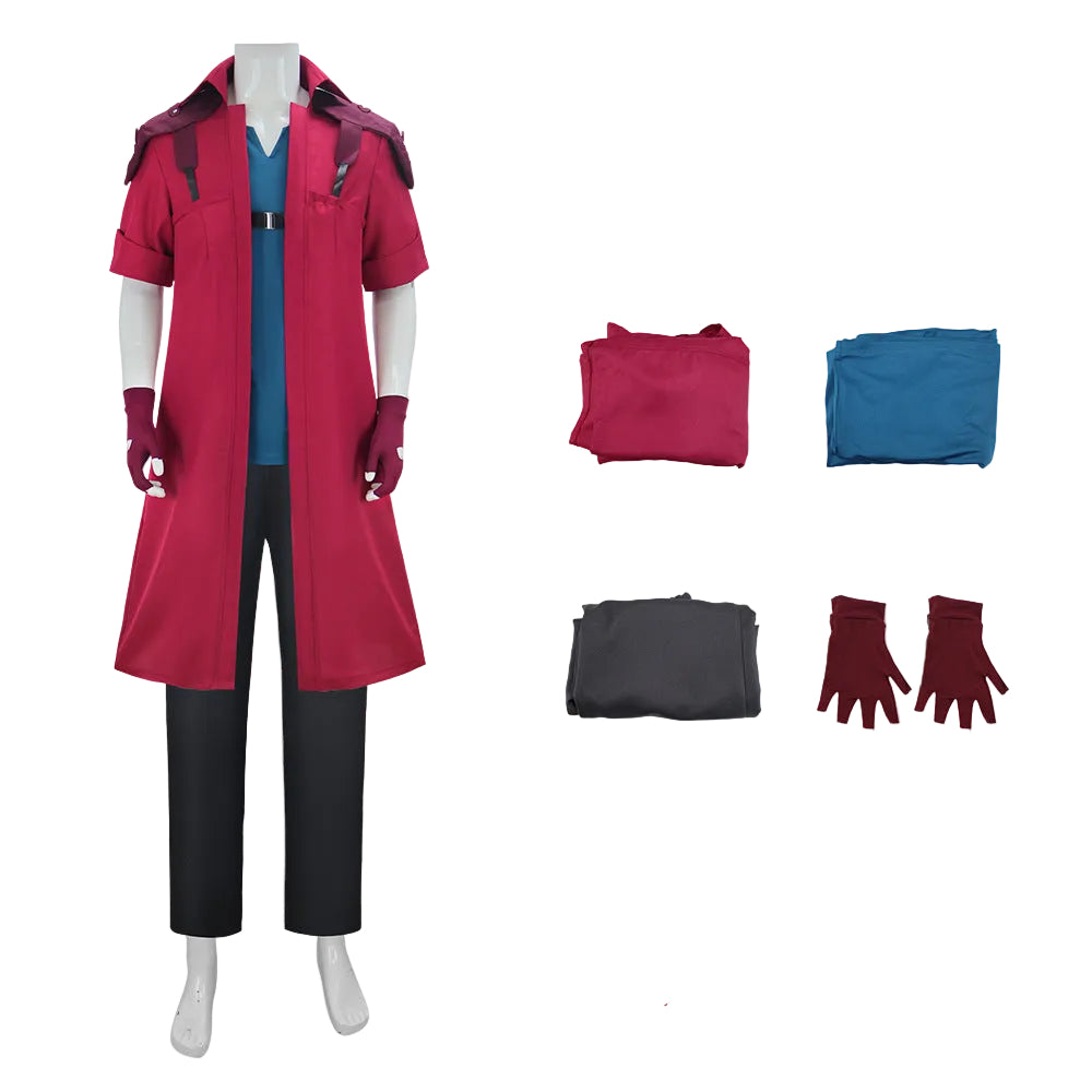 Men's Demon Hunter Costume Red Long Trench Coat with Vest Pant and Gloves for Hero Cosplay Events
