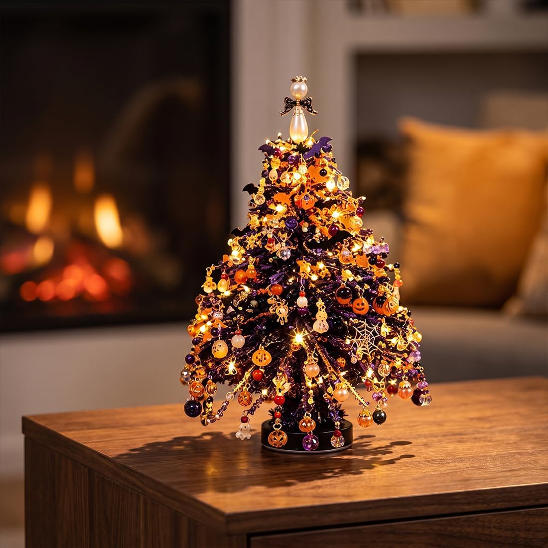 2pcs DIY Beaded Glow Tree Kit Halloween Tabletop Decor with LED Lights and Charms For Halloween Christmas