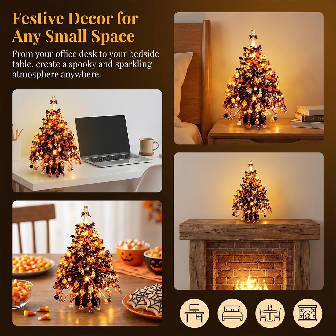 2pcs DIY Beaded Glow Tree Kit Halloween Tabletop Decor with LED Lights and Charms For Halloween Christmas