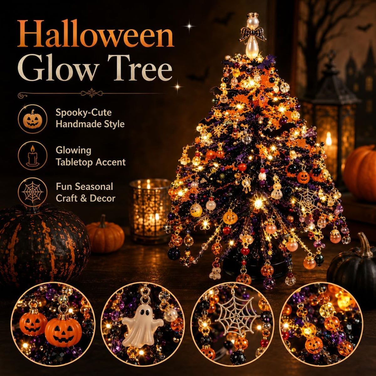 2pcs DIY Beaded Glow Tree Kit Halloween Tabletop Decor with LED Lights and Charms For Halloween Christmas