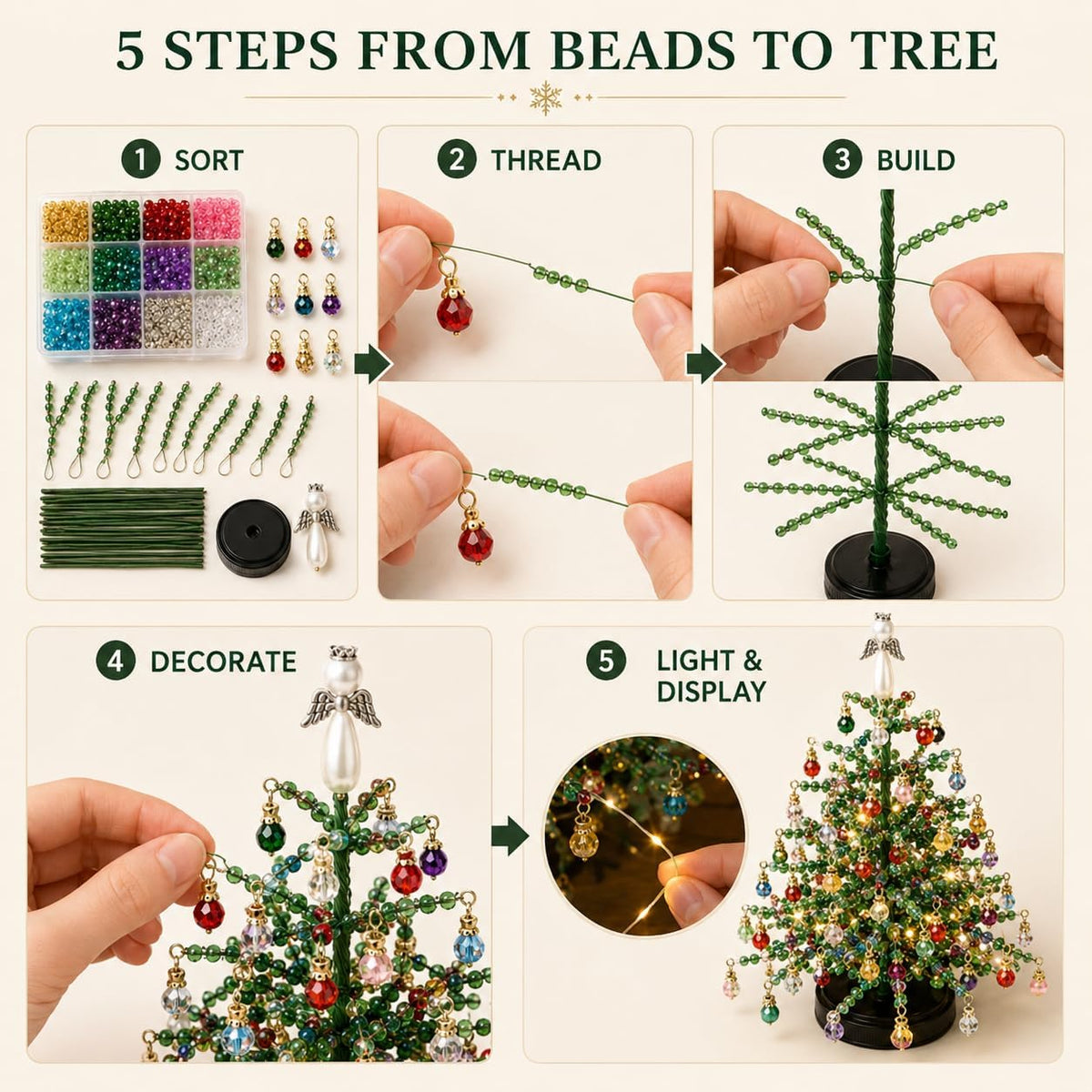 2pcs DIY Beaded Glow Tree Kit Halloween Tabletop Decor with LED Lights and Charms For Halloween Christmas