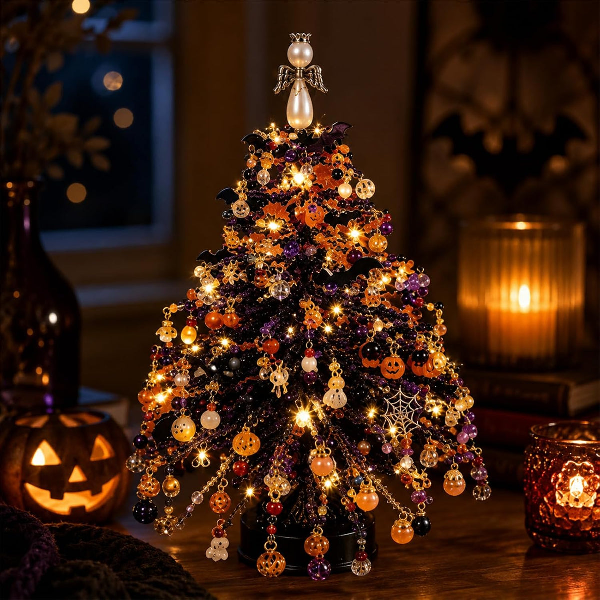 2pcs DIY Beaded Glow Tree Kit Halloween Tabletop Decor with LED Lights and Charms For Halloween Christmas