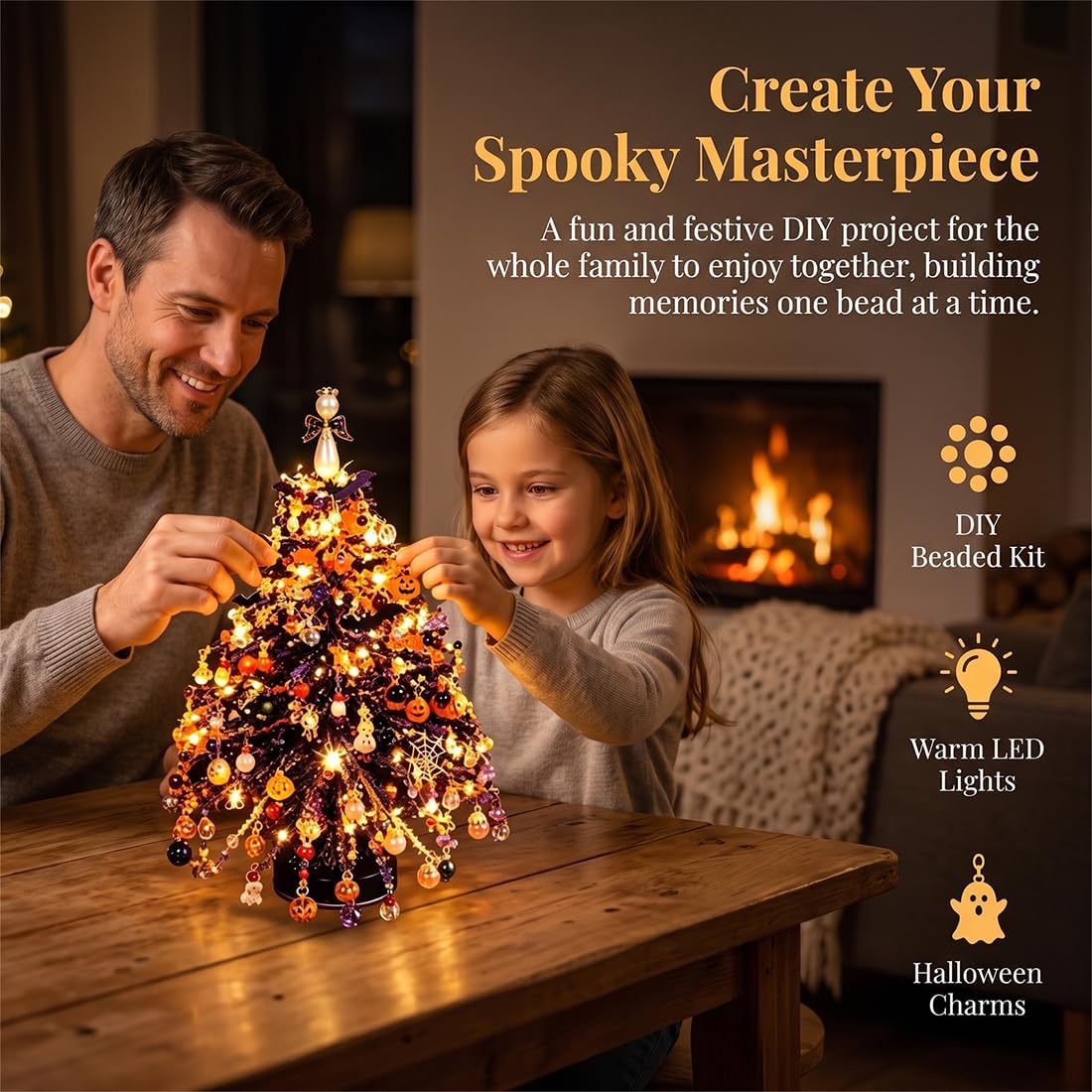 2pcs DIY Beaded Glow Tree Kit Halloween Tabletop Decor with LED Lights and Charms For Halloween Christmas