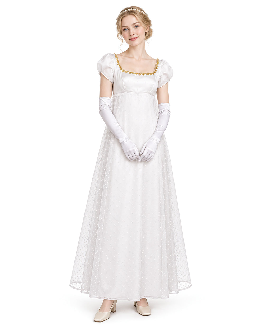 Women 19th Vintage Ball Gown White Victorian Maxi Dress with Gloves 2pcs Suit for Masquerade