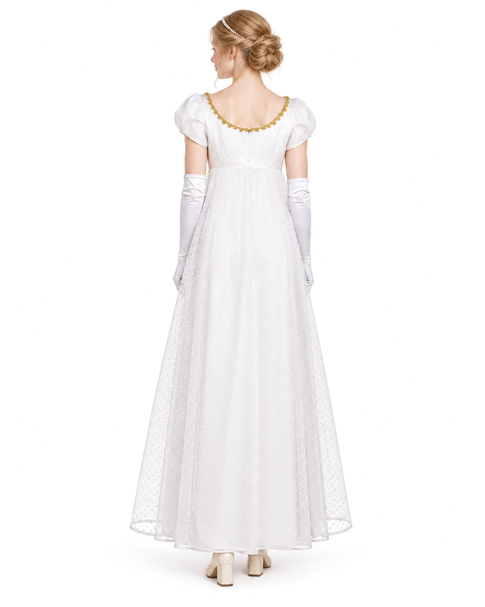Women 19th Vintage Ball Gown White Victorian Maxi Dress with Gloves 2pcs Suit for Masquerade