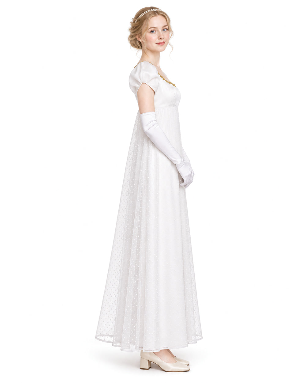 Women 19th Vintage Ball Gown White Victorian Maxi Dress with Gloves 2pcs Suit for Masquerade
