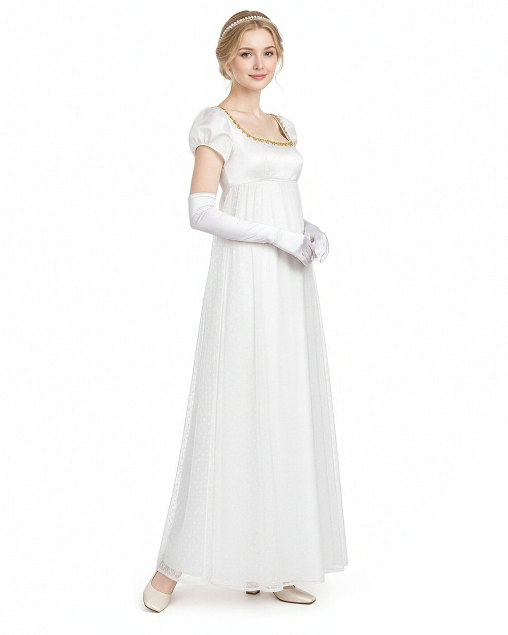 Women 19th Vintage Ball Gown White Victorian Maxi Dress with Gloves 2pcs Suit for Masquerade