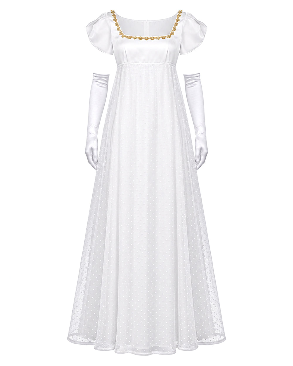 Women 19th Vintage Ball Gown White Victorian Maxi Dress with Gloves 2pcs Suit for Masquerade