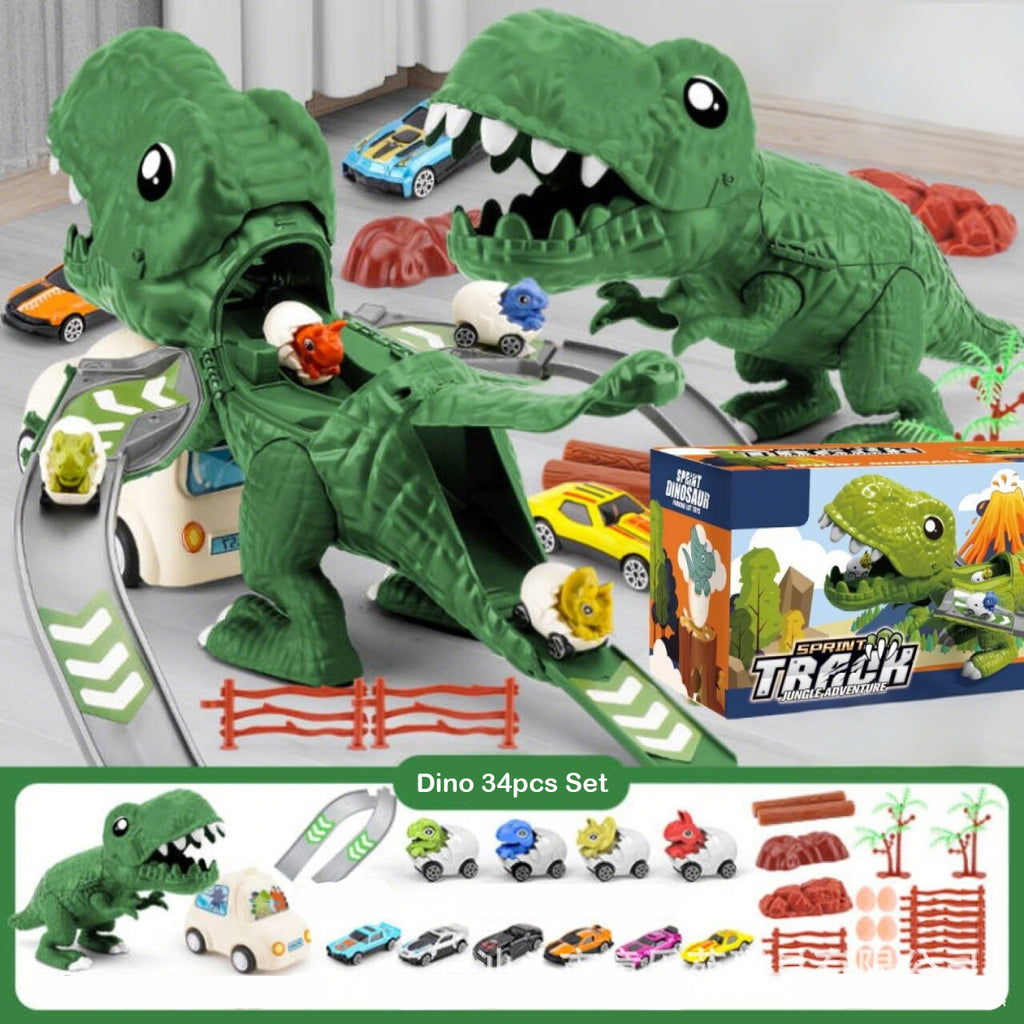 Kids Deformed Dinosaur Toy Sliding Track Car Storage Car Three Forms Toy with Alloy Car