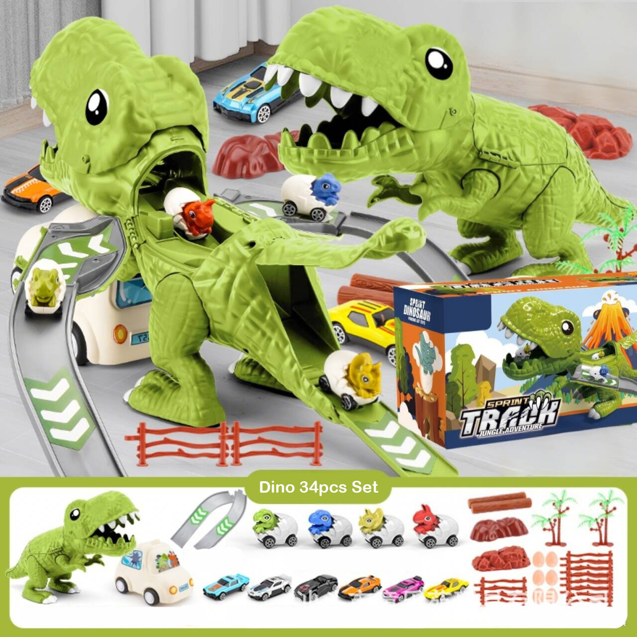 Kids Deformed Dinosaur Toy Sliding Track Car Storage Car Three Forms Toy with Alloy Car
