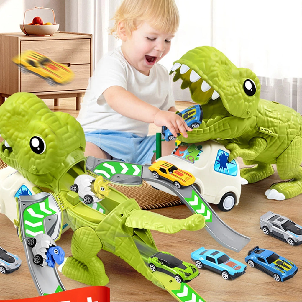Kids Deformed Dinosaur Toy Sliding Track Car Storage Car Three Forms Toy with Alloy Car