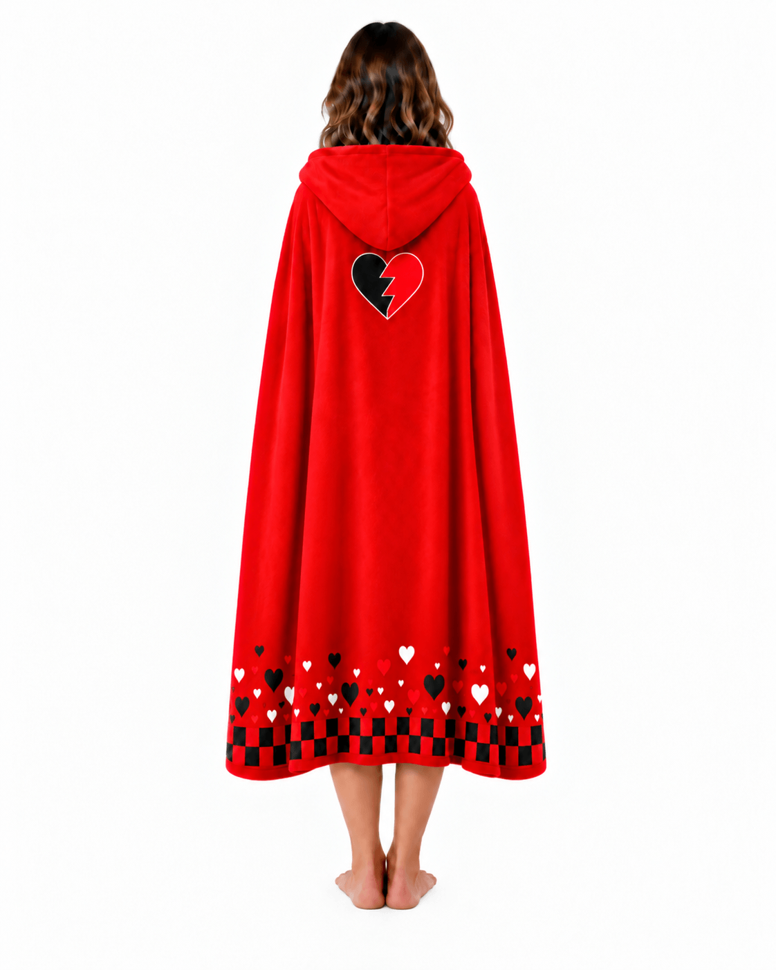 Princess Red Broken Heart Plush Throw Wonderland Red Hooded Blanket with Lightning Print & Button Front Pocket