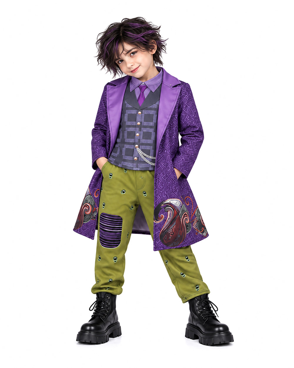 Wonderland Mad Milliner Costume Purple Trench Coat Pants and Shirt 3pcs Set for Kids Adults Halloween Cosplay