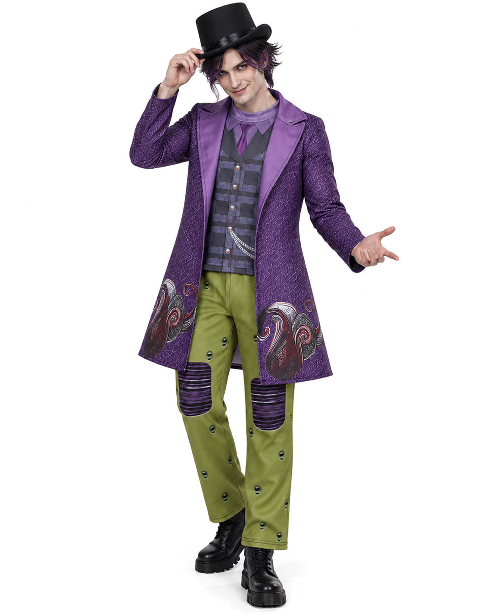 Wonderland Mad Milliner Costume Purple Trench Coat Pants and Shirt 3pcs Set for Kids Adults Halloween Cosplay
