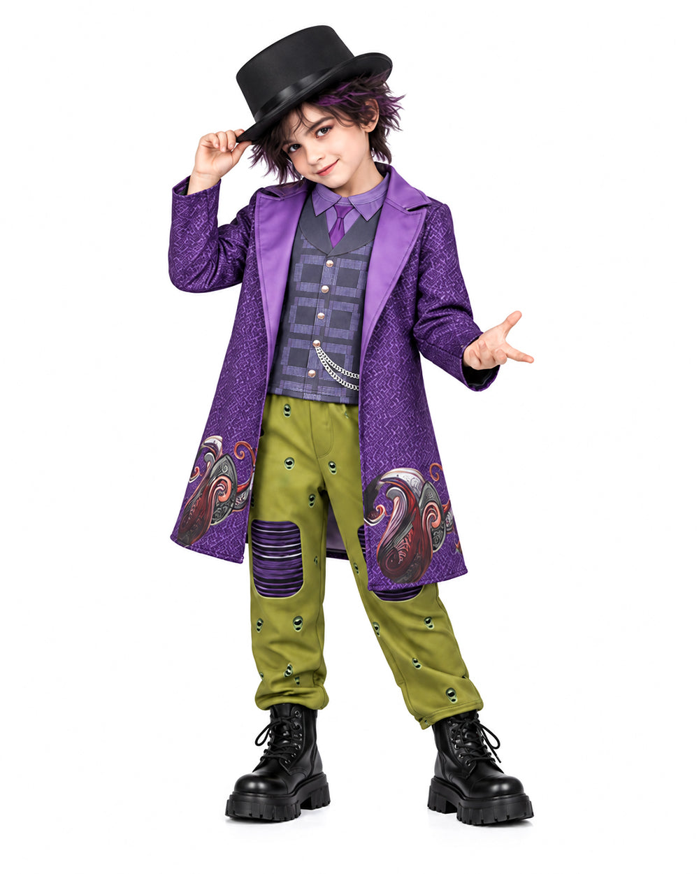Wonderland Mad Milliner Costume Purple Trench Coat Pants and Shirt 3pcs Set for Kids Adults Halloween Cosplay