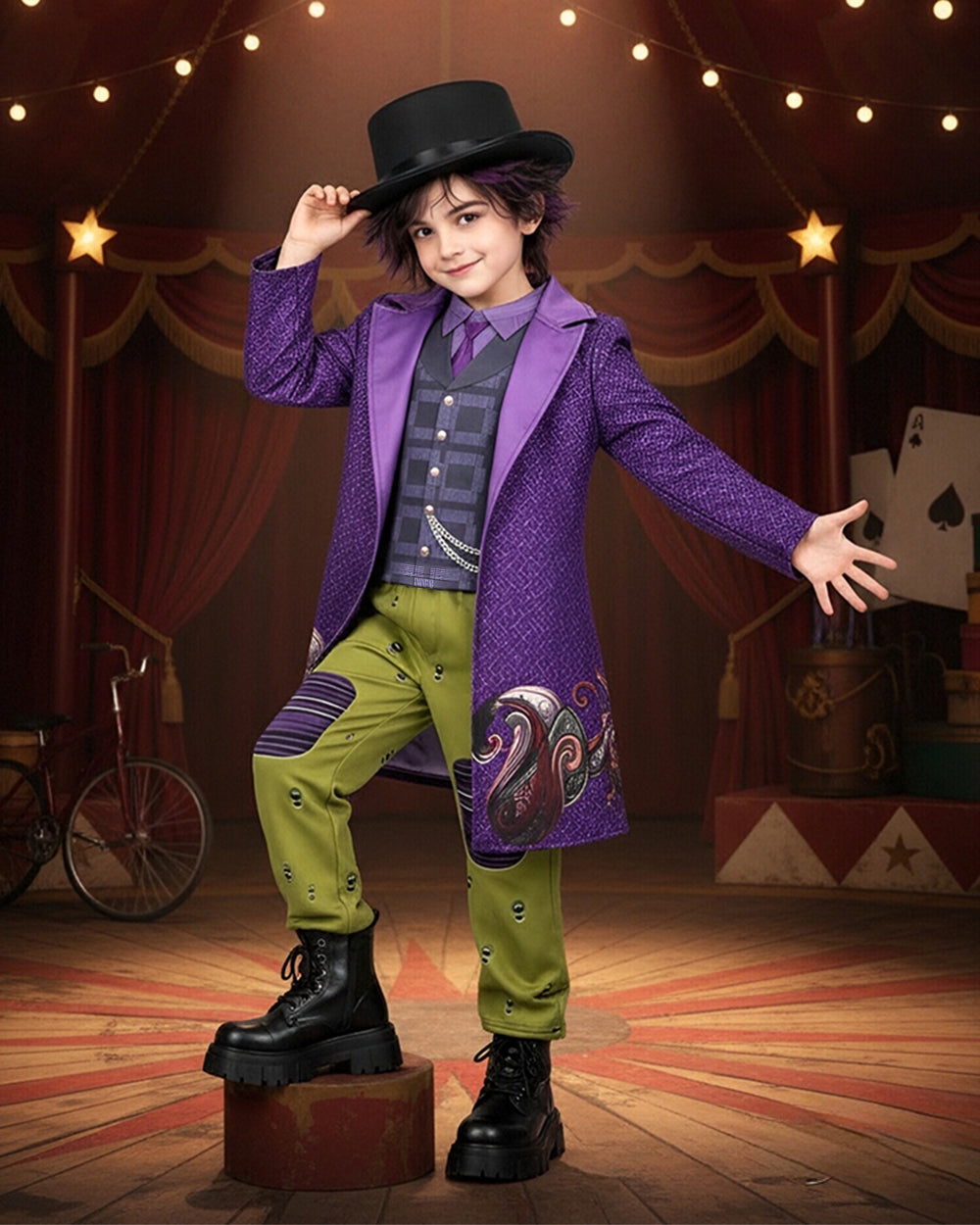 Wonderland Mad Milliner Costume Purple Trench Coat Pants and Shirt 3pcs Set for Kids Adults Halloween Cosplay