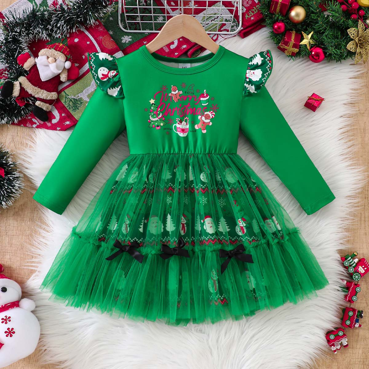 Kids LED Dress Christmas Green Light Up Dress with Headband 2pcs Suit for Party