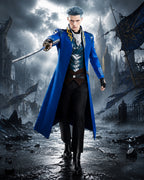 Men's Fighter Uniform Blue Trench Coat Pants and Vest Suit for Anime Expo Halloween Cosplay