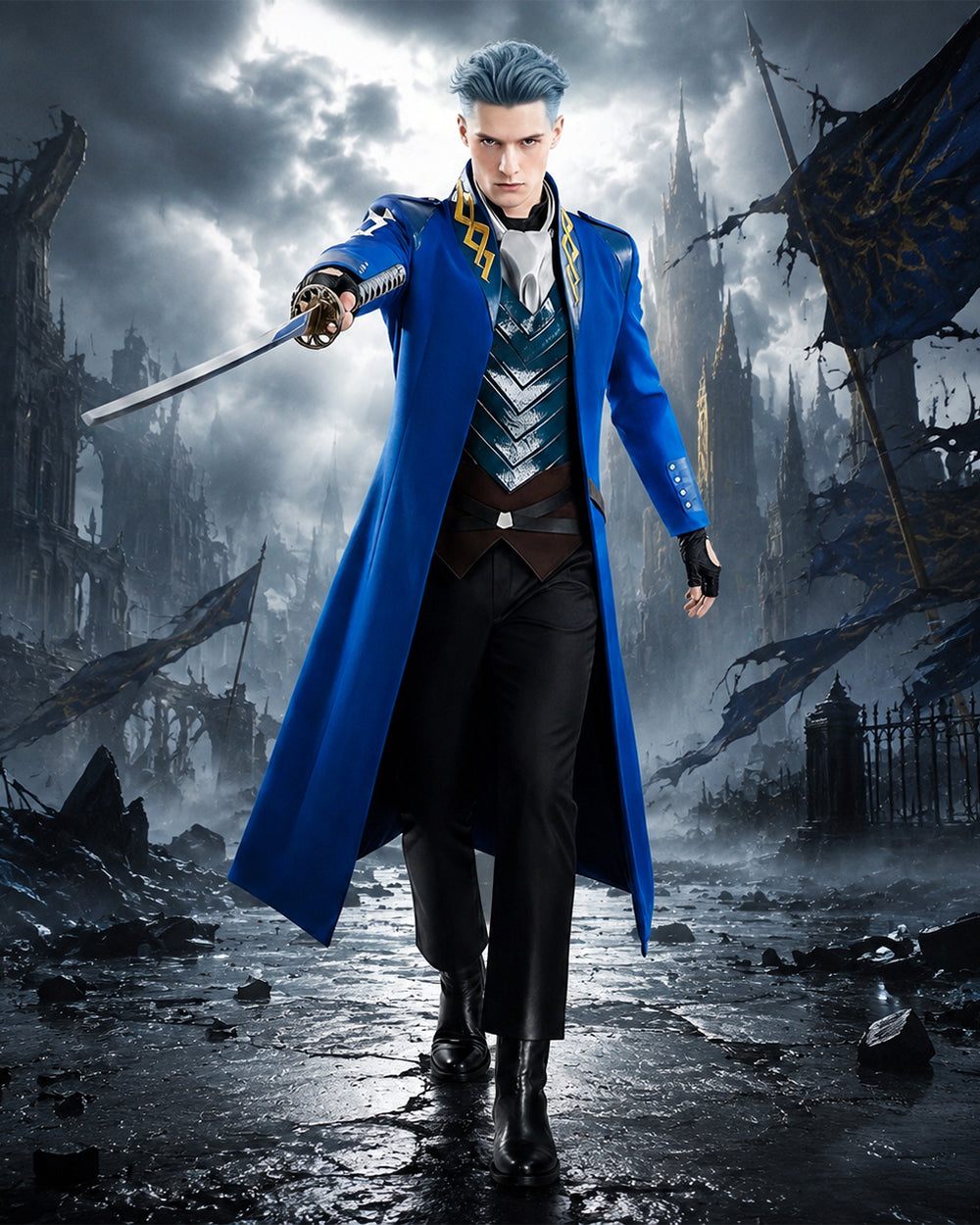 Men's Fighter Uniform Blue Trench Coat Pants and Vest Suit for Anime Expo Halloween Cosplay