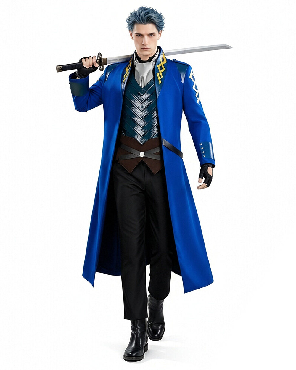 Men's Fighter Uniform Blue Trench Coat Pants and Vest Suit for Anime Expo Halloween Cosplay