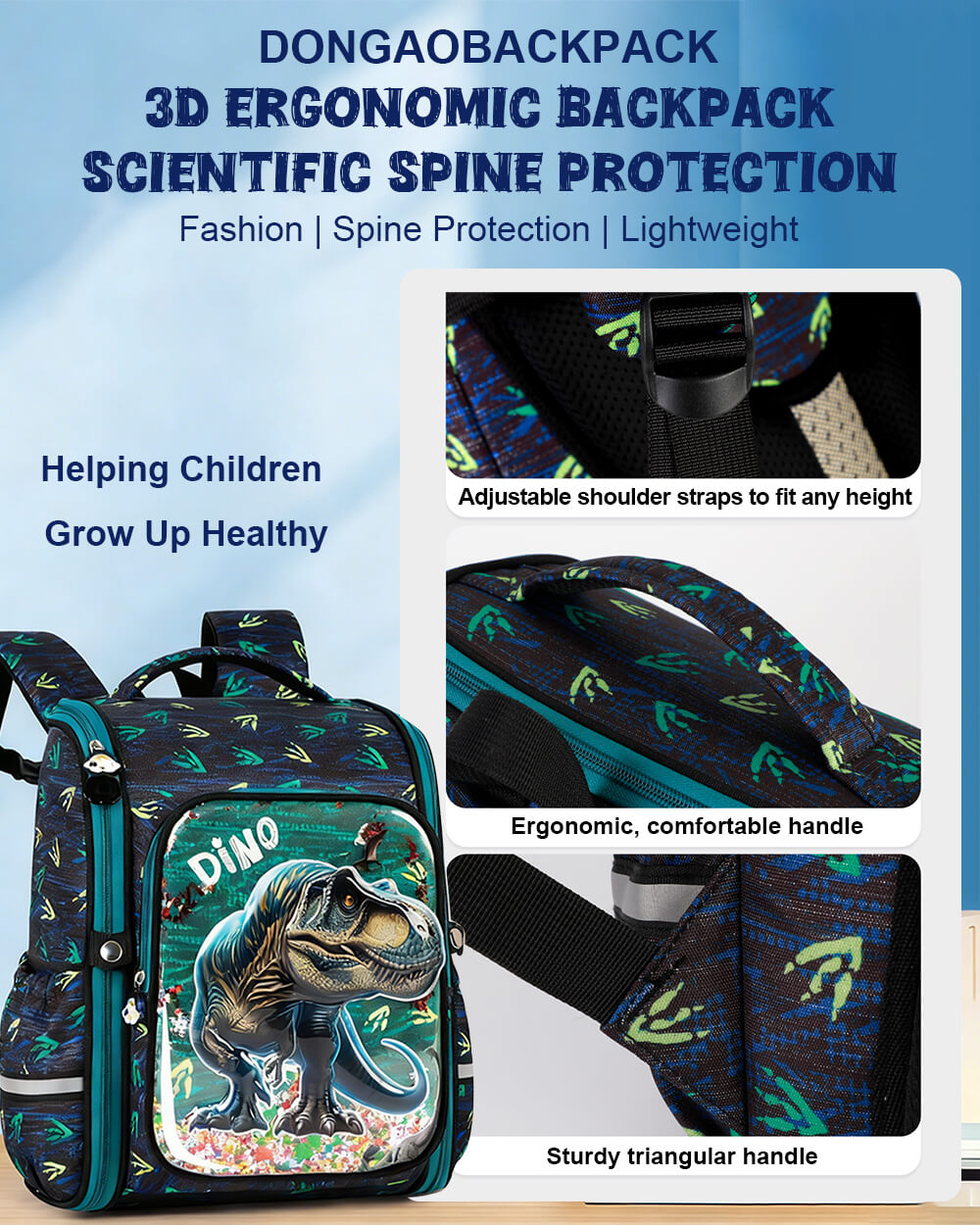 Dino 3D Backpack Kids Primary School Lightweight T-rex Backpack with Spine Protection