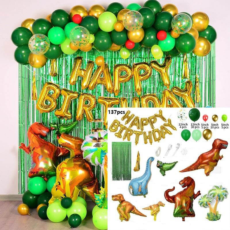 137pcs Dino Birthday Party Kit Balloon Arch Jungle Party Decorations with Green Tinsel Curtain