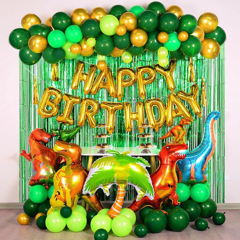 137pcs Dino Birthday Party Kit Balloon Arch Jungle Party Decorations with Green Tinsel Curtain