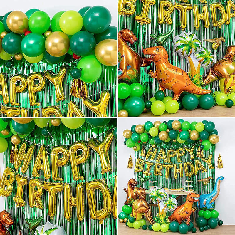 137pcs Dino Birthday Party Kit Balloon Arch Jungle Party Decorations with Green Tinsel Curtain