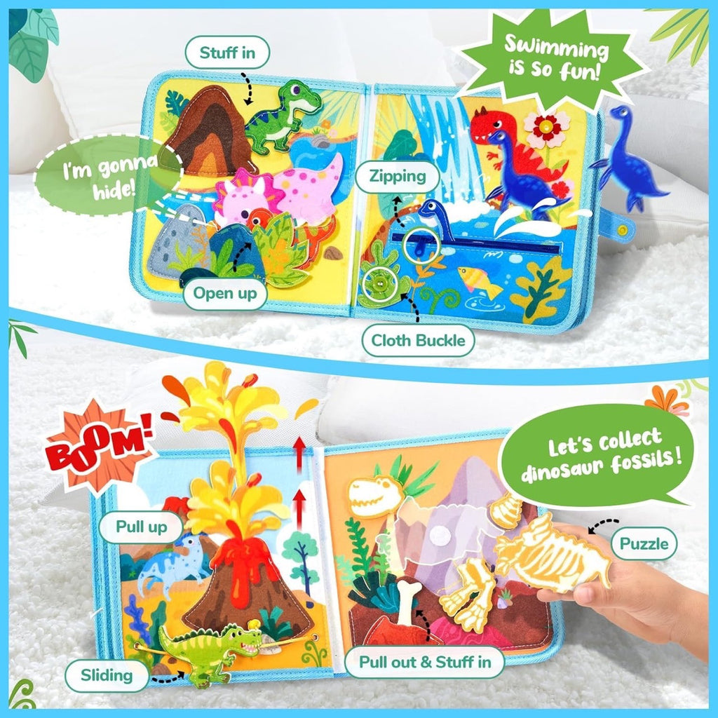 Dino Busy Book Interactive Fabric Book with Removable Dino Figures for Toddlers 12 Months+
