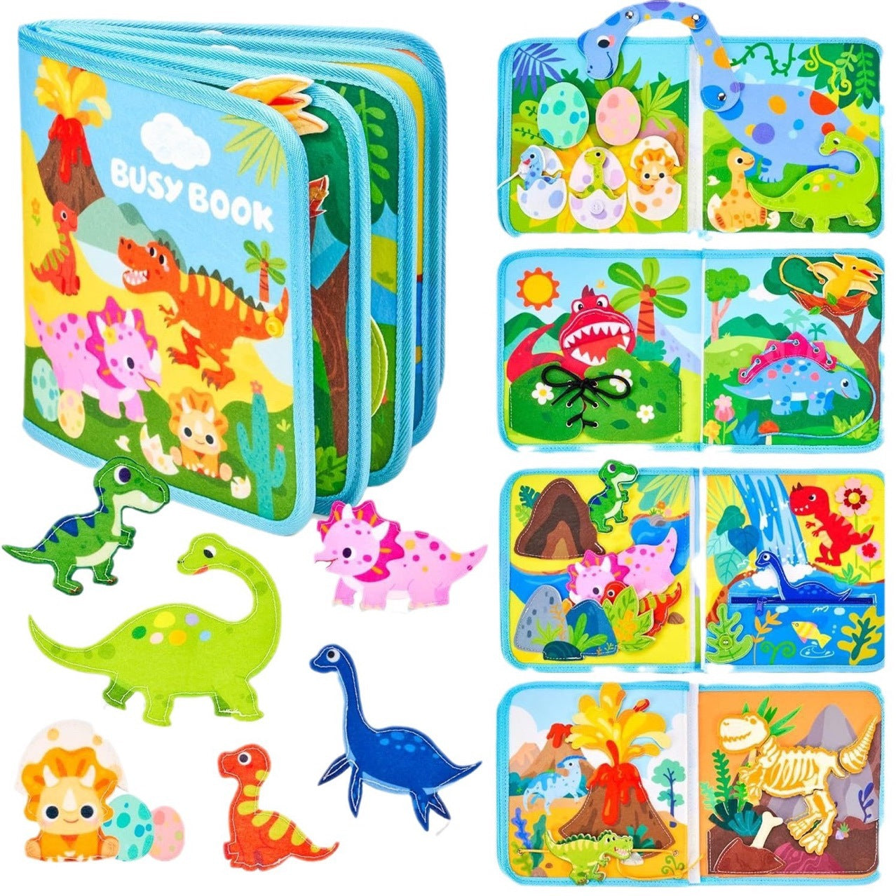Dino Busy Book Interactive Fabric Book with Removable Dino Figures for Toddlers 12 Months+