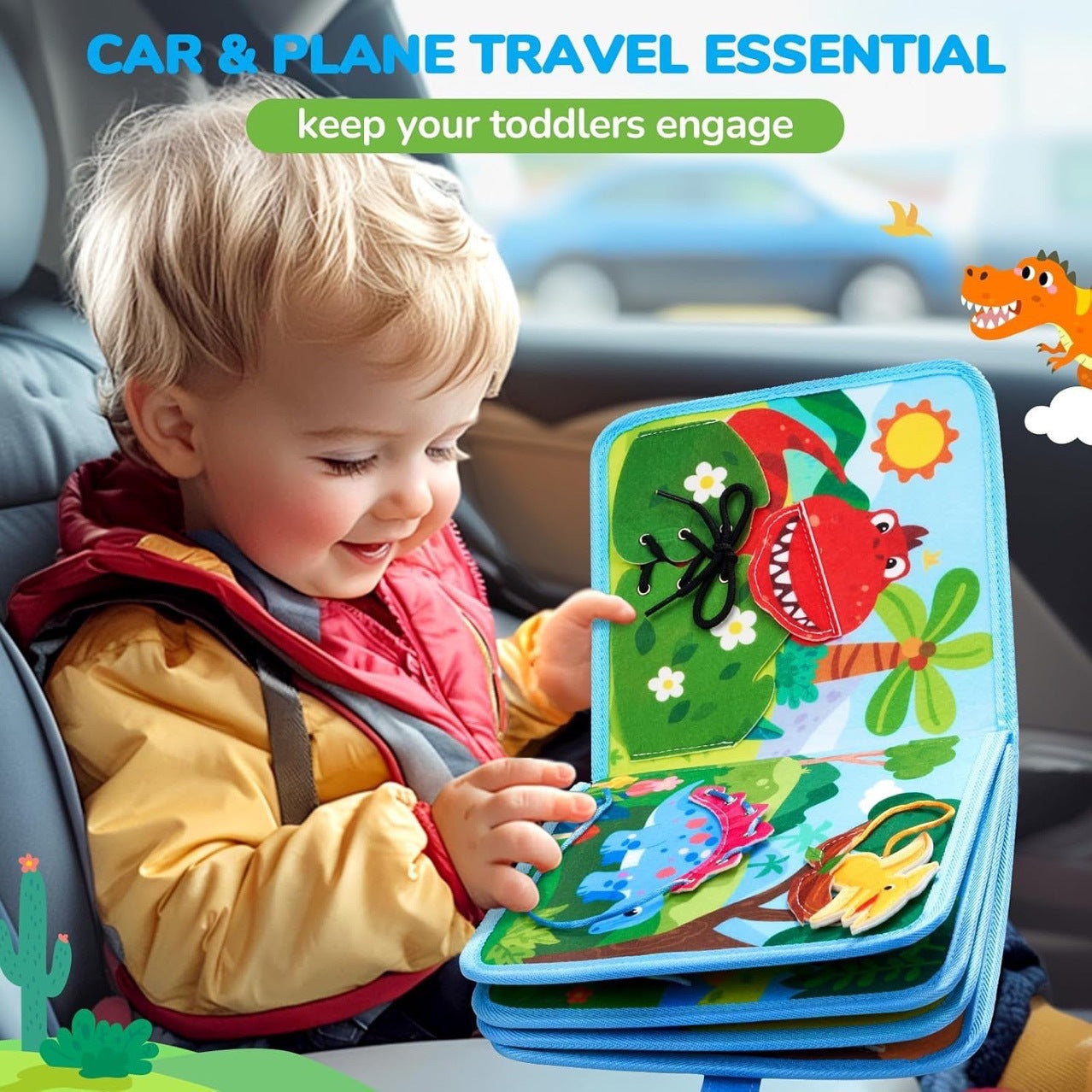 Dino Busy Book Interactive Fabric Book with Removable Dino Figures for Toddlers 12 Months+