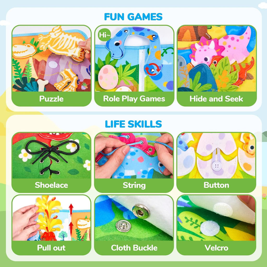 Dino Busy Book Interactive Fabric Book with Removable Dino Figures for Toddlers 12 Months+