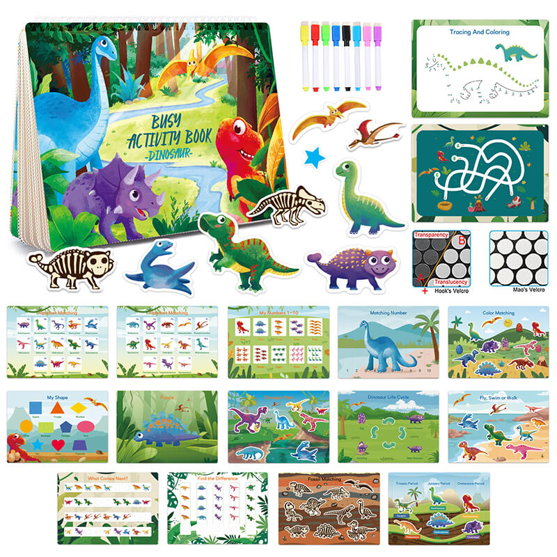 Dino Montessori Busy Book Interactive Activity Book with Coloring & Markers for Kids 2+