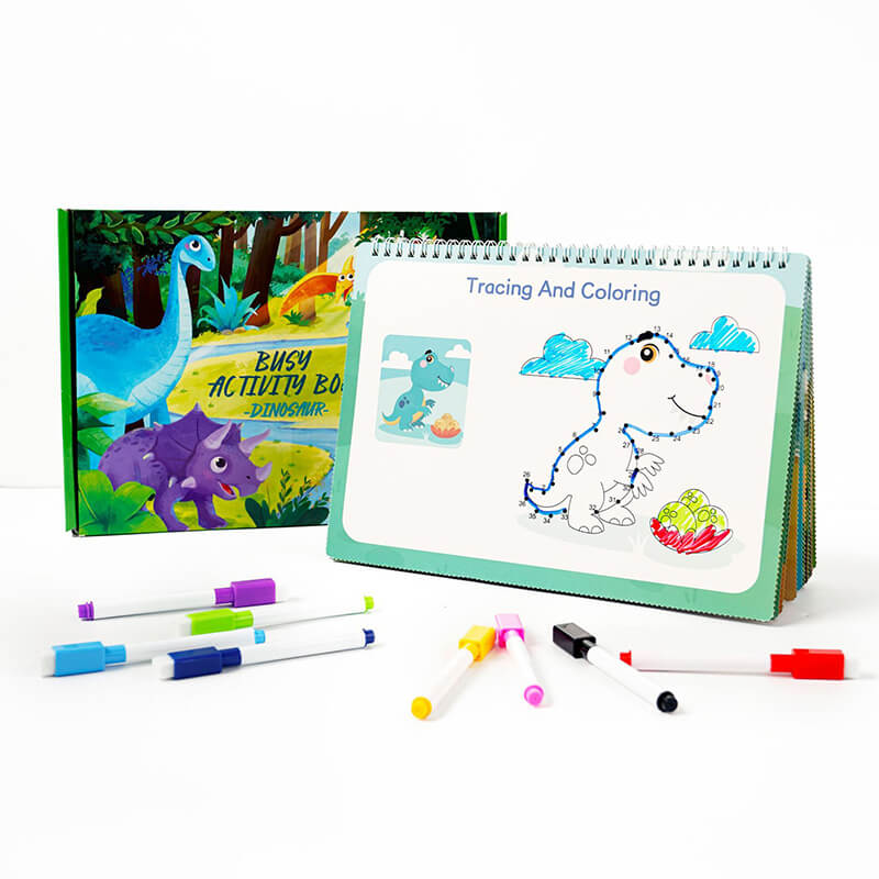 Dino Montessori Busy Book Interactive Activity Book with Coloring & Markers for Kids 2+