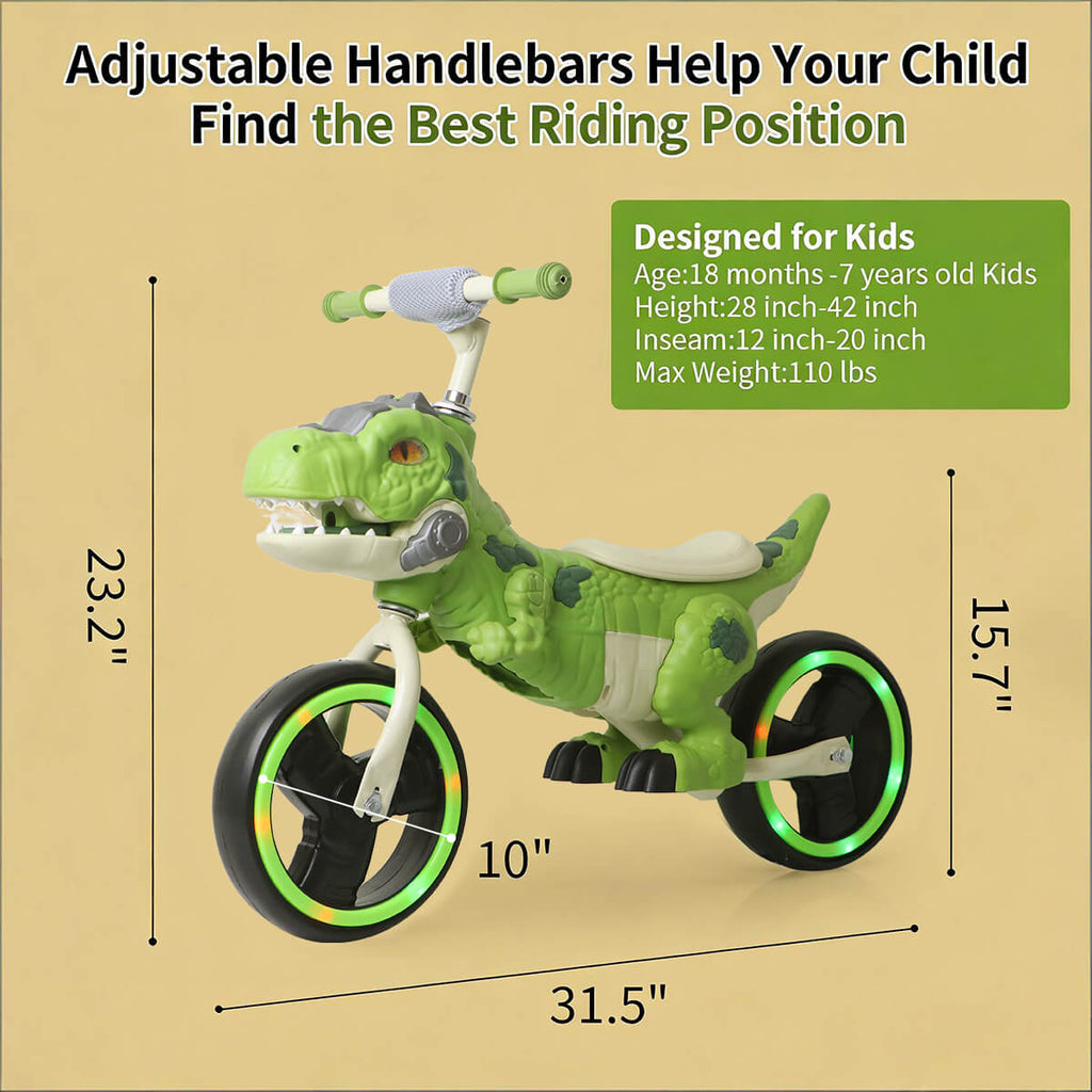 10'' Dinosaur Balance Bike No-Pedal Toddler Training Bicycle with CPC Certification for Kids Aged 18 Months +