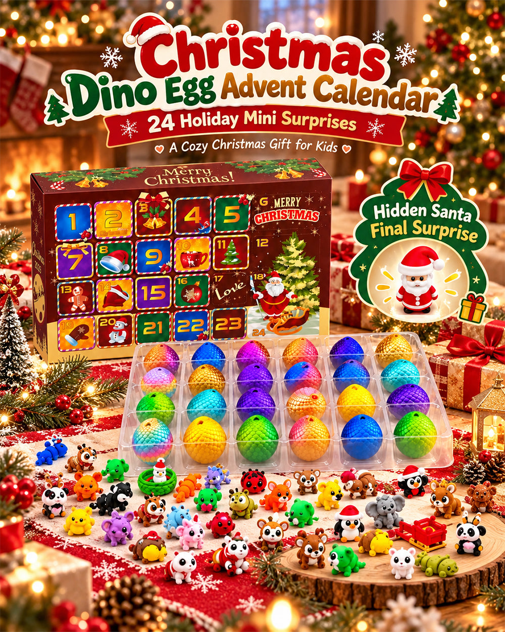 2026 Dinosaur Egg Advent Calendar 24-Day Christmas Countdown Toy Set with 3D Printed Surprise Figures for Kids