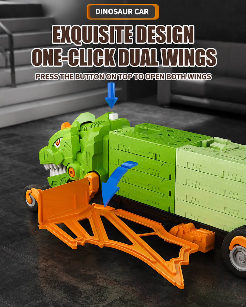 Dinosaur Inertia Track Transport Truck with DIY Assembled Race Track and 2pcs Mini Cars for Kids