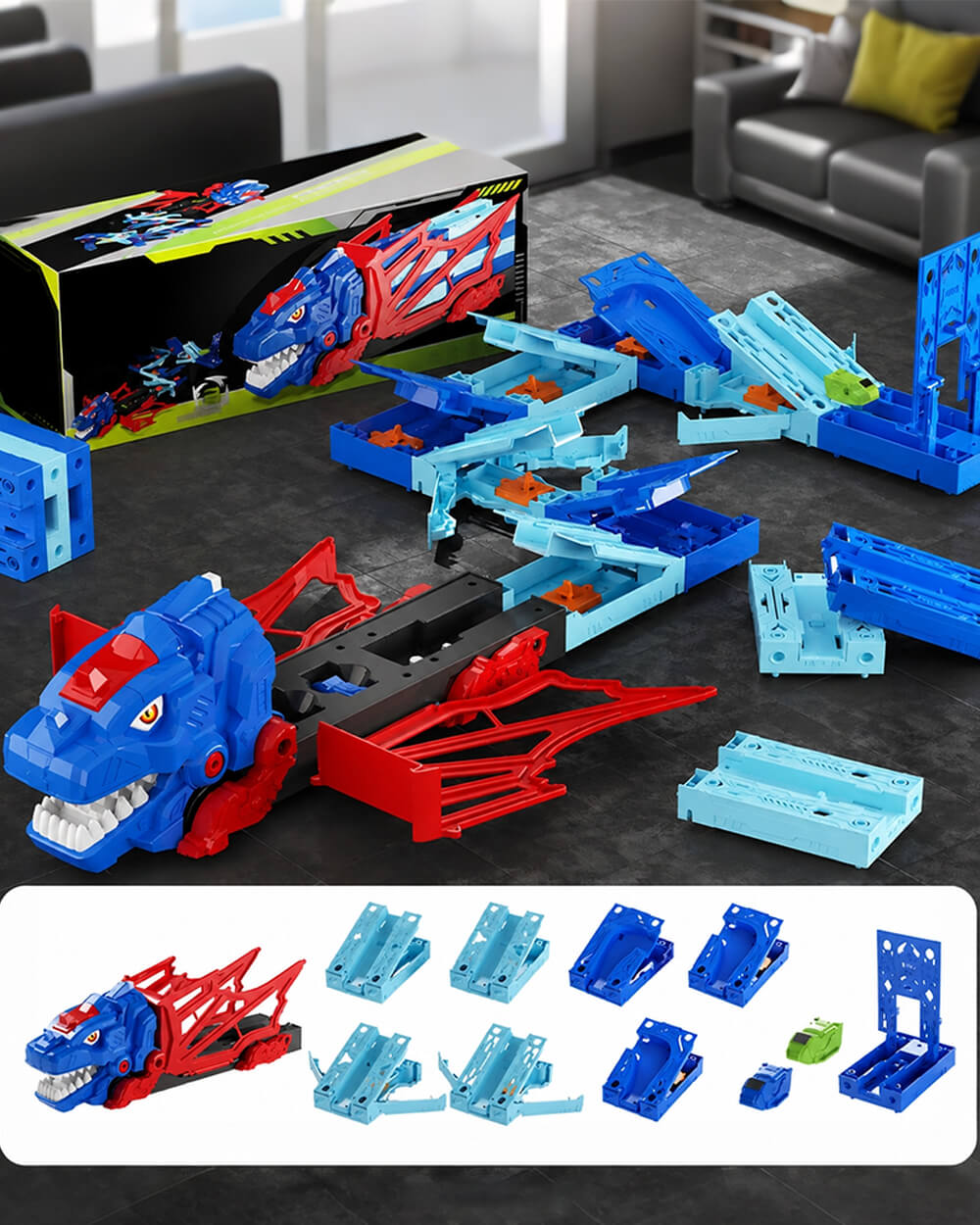 Dinosaur Transporter Truck Inertia Track Car with DIY Assembled Race Track and 2pcs Mini Cars for Kids